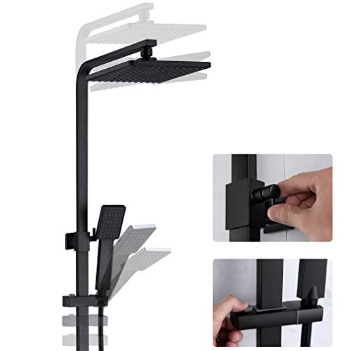 Auralum Mezclador de ducha 2 funciones para baño, sistema de ducha negro con ducha de lluvia 23x23 cm, incluye ducha de mano, ducha de lluvia, barra de ducha ajustable, montaje en pared