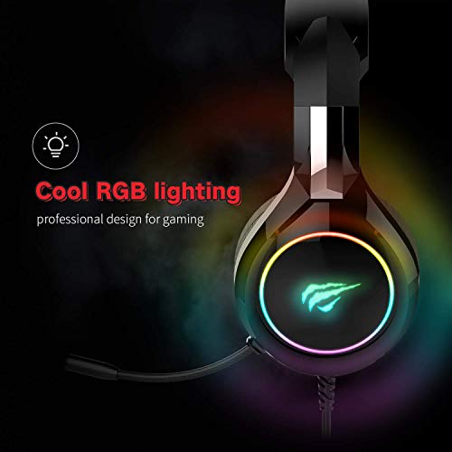 Auriculares Gaming PS4 HAVIT Iluminación RGB Cascos Gaming sonido envolvente, controlador de 50MM y micrófono con reducción de ruido para Xbox One/PC/Móvil （2011d,Negro）