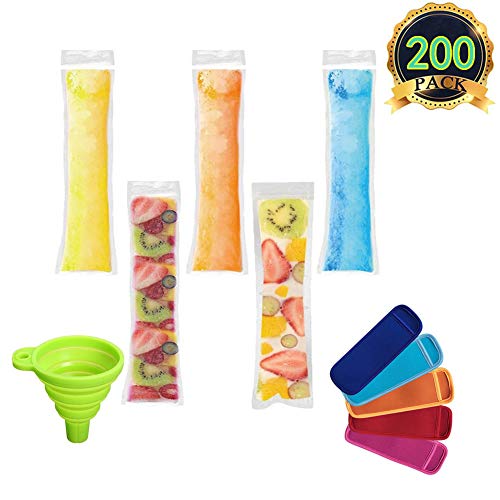 AUTOPkio 200 piezas Bolsas para helados de paletas de hielo con 1 pz De embudo y 5 piezas Mangas para helados de yogur, hielo o paletas congeladas, 22 x 6cm BPA Freezer Zip-Top