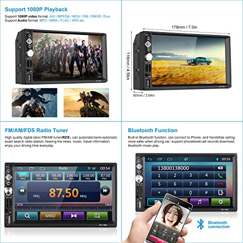 Autoradio 2 DIN Reproductor Mp5 de Coche 7 Pulgadas 1080P FHD Pantalla Táctil Bluetooth GPS Radio FM Mirror Link Carga Rápida con Control Remoto Cámara de Visión Trasera 8G Tarjeta AUX USB 2.0 SD