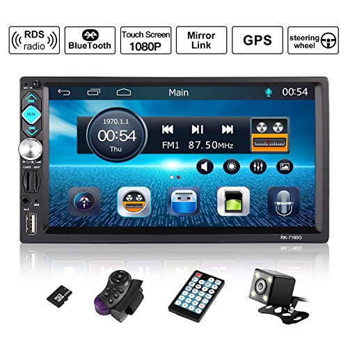 Autoradio 2 DIN Reproductor Mp5 de Coche 7 Pulgadas 1080P FHD Pantalla Táctil Bluetooth GPS Radio FM Mirror Link Carga Rápida con Control Remoto Cámara de Visión Trasera 8G Tarjeta AUX USB 2.0 SD