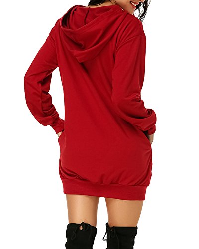 Auxo Sudaderas con Capucha para Mujer Largas Tallas Grandes Jersey Manga Larga Casual Vestidos Sudadera Invierno Hoodie Rojo Vino S