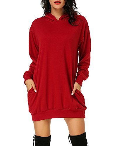 Auxo Sudaderas con Capucha para Mujer Largas Tallas Grandes Jersey Manga Larga Casual Vestidos Sudadera Invierno Hoodie Rojo Vino S