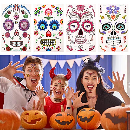 AUXSOUL 21 Piezas de Tatuajes Temporales de Cara Halloween Faciales Tatuajes Temporales Llama Flor Cráneo Esqueleto Cara Completa Maquillaje Pegatinas Calcomanías Faciales para Halloween Masquerade