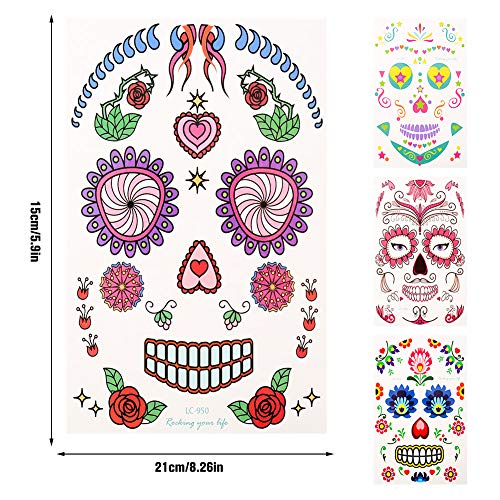 AUXSOUL 21 Piezas de Tatuajes Temporales de Cara Halloween Faciales Tatuajes Temporales Llama Flor Cráneo Esqueleto Cara Completa Maquillaje Pegatinas Calcomanías Faciales para Halloween Masquerade