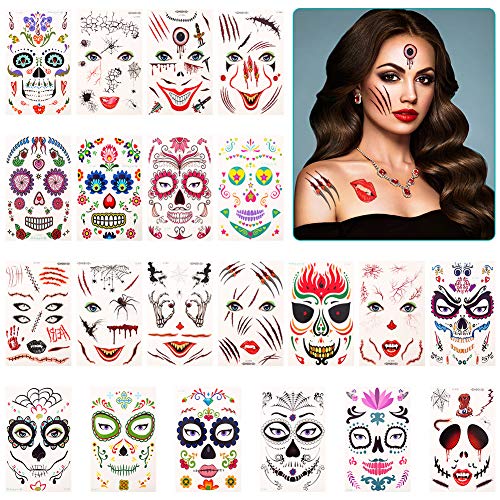 AUXSOUL 21 Piezas de Tatuajes Temporales de Cara Halloween Faciales Tatuajes Temporales Llama Flor Cráneo Esqueleto Cara Completa Maquillaje Pegatinas Calcomanías Faciales para Halloween Masquerade