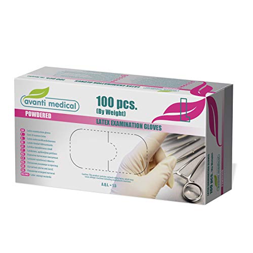 Avanti - Guantes Desechables Latex 100 Unedades | Guantes Quirurgicos | Guantes Latex Con Polvo Para Exámenes, Limpieza, Trabajo| Talla L | Adultos y Niños. Apto Para Ambas Manos