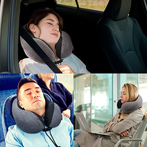 AVENTTURE® Almohada de Viaje Cervical Viscoelástica y Ergonómica. para Avión, Tren, Coche y Bus | Espuma Memory Foam para Cuello, Suave y Transpirable | Kit Cojín + Tapones + Antifaz