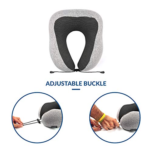 AVENTTURE® Almohada de Viaje Cervical Viscoelástica y Ergonómica. para Avión, Tren, Coche y Bus | Espuma Memory Foam para Cuello, Suave y Transpirable | Kit Cojín + Tapones + Antifaz