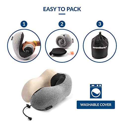 AVENTTURE® Almohada de Viaje Cervical Viscoelástica y Ergonómica. para Avión, Tren, Coche y Bus | Espuma Memory Foam para Cuello, Suave y Transpirable | Kit Cojín + Tapones + Antifaz