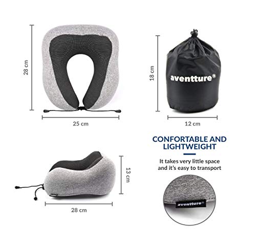 AVENTTURE® Almohada de Viaje Cervical Viscoelástica y Ergonómica. para Avión, Tren, Coche y Bus | Espuma Memory Foam para Cuello, Suave y Transpirable | Kit Cojín + Tapones + Antifaz