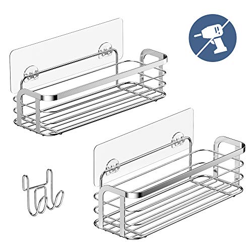 Avoalre Adhesivo Estante Ducha Baño Cocina Organizador Estanteria Cesta Acero Inoxidable Sus 304 con Gancho Extraíble sin Taladro, 2 Unidades, Color Plata