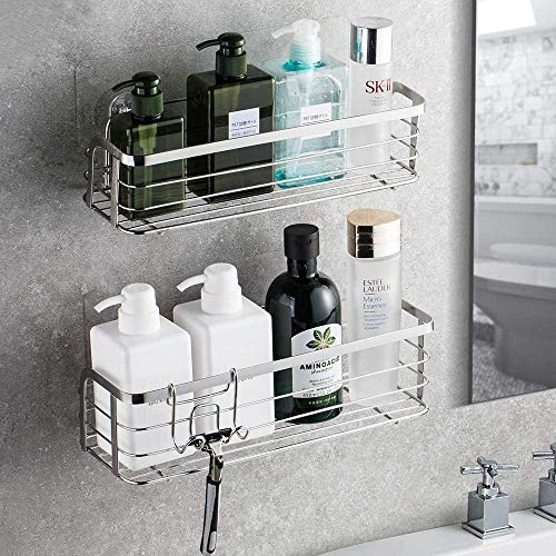 Avoalre Adhesivo Estante Ducha Baño Cocina Organizador Estanteria Cesta Acero Inoxidable Sus 304 con Gancho Extraíble sin Taladro, 2 Unidades, Color Plata
