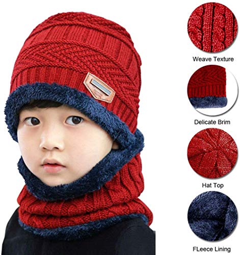 Avril Tian - Conjunto de Gorro y Bufanda de Invierno con Forro Polar para niños 2 en 1, cálido, Unisex, Gorro con Calaveras Rojo Rojo