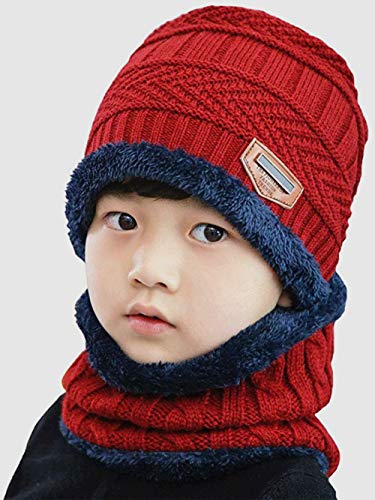 Avril Tian - Conjunto de Gorro y Bufanda de Invierno con Forro Polar para niños 2 en 1, cálido, Unisex, Gorro con Calaveras Rojo Rojo