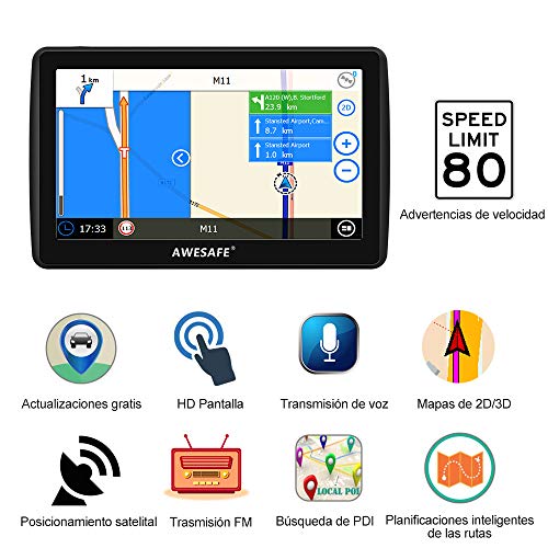 AWESAFE Navegador GPS para Coches de 7 Pulgadas con Bluetooth con 22 Tipos PDIs y Planificaciones Inteligentes de Rutas (con Mapas Recientes y Actualizaciones de por Vida)