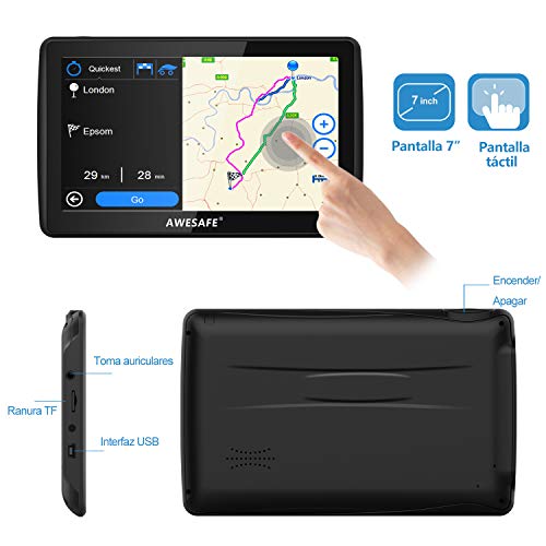 AWESAFE Navegador GPS para Coches de 7 Pulgadas con Bluetooth con 22 Tipos PDIs y Planificaciones Inteligentes de Rutas (con Mapas Recientes y Actualizaciones de por Vida)