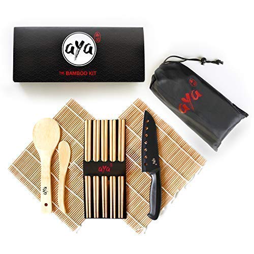 AYA Kit para Sushi - Kit en Bambú Cuchillo de Sushi – Videos Tutoriales en Línea - 2 Esterillas para Enrollar – Esterillas de Bambú 100% Natural de Primera Calidad.