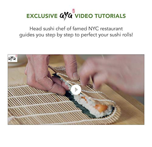 AYA Kit para Sushi - Kit en Bambú Cuchillo de Sushi – Videos Tutoriales en Línea - 2 Esterillas para Enrollar – Esterillas de Bambú 100% Natural de Primera Calidad.