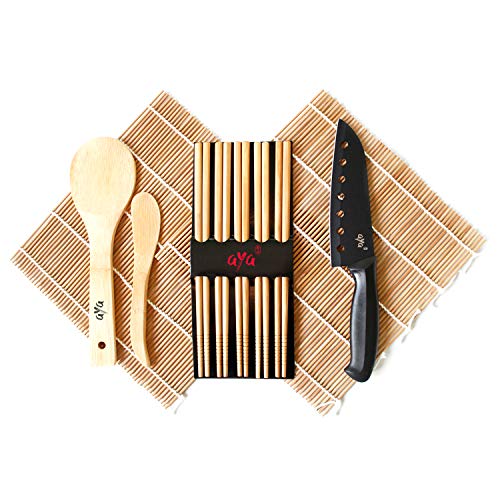 AYA Kit para Sushi - Kit en Bambú Cuchillo de Sushi – Videos Tutoriales en Línea - 2 Esterillas para Enrollar – Esterillas de Bambú 100% Natural de Primera Calidad.