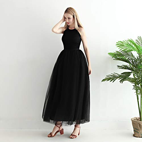 Aysimple Mujer Falda de Tul Larga de Tul Plisada Tutu Malla de Noche Fiesta Cintura Alta Negro