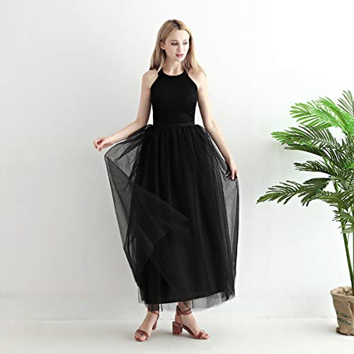 Aysimple Mujer Falda de Tul Larga de Tul Plisada Tutu Malla de Noche Fiesta Cintura Alta Negro