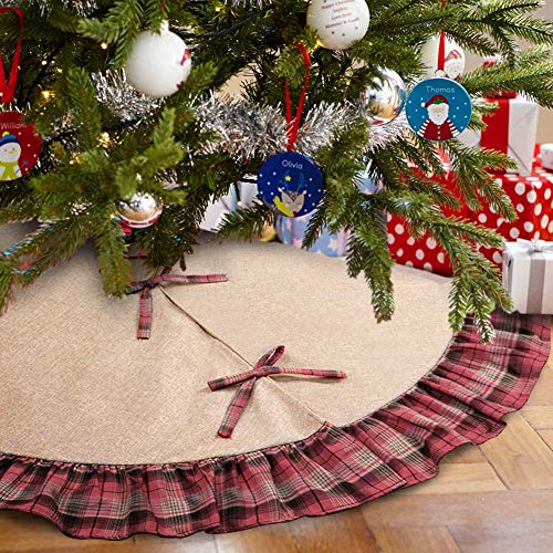 Aytai 122cm Burlap árbol de Navidad Faldas Negro y de Cuadros Escoceses Rojos Volantes Edge Border Base de árbol de Navidad decoración de Vacaciones de Fiesta