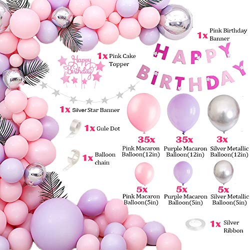 AYUQI Decoración de Fiesta de Cumpleaños para Niñas, Globos de látex de color Rosa Púrpura Plateado con Pancarta de Feliz Cumpleaños, estrella, adorno de torta para Mujeres baby shower Cumpleaños