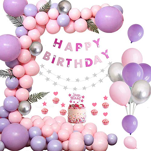 AYUQI Decoración de Fiesta de Cumpleaños para Niñas, Globos de látex de color Rosa Púrpura Plateado con Pancarta de Feliz Cumpleaños, estrella, adorno de torta para Mujeres baby shower Cumpleaños