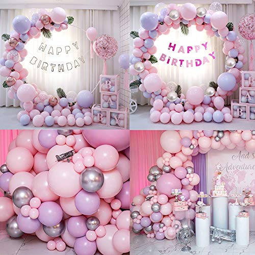 AYUQI Decoración de Fiesta de Cumpleaños para Niñas, Globos de látex de color Rosa Púrpura Plateado con Pancarta de Feliz Cumpleaños, estrella, adorno de torta para Mujeres baby shower Cumpleaños