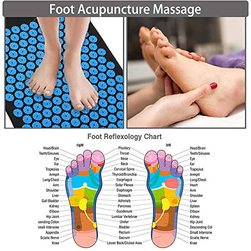 Azeekoom Estera de Masaje, Estera de Acupresión + Cojín de Acupuntura + 2 Bolas de Masaje Para Aliviar el Dolor de Espalda/Cuello/Pie y la Relajación Muscular con Una Bolsa de Viaje(Negro azul)