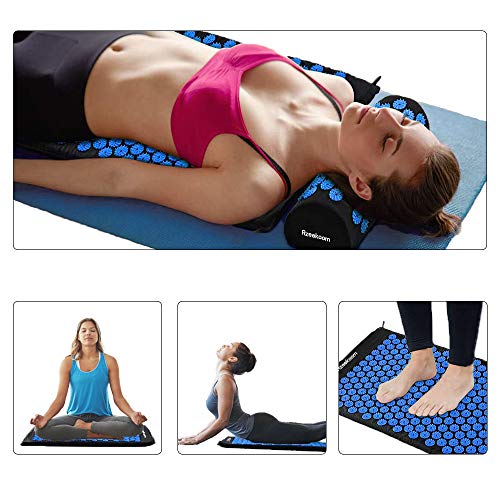 Azeekoom Estera de Masaje, Estera de Acupresión + Cojín de Acupuntura + 2 Bolas de Masaje Para Aliviar el Dolor de Espalda/Cuello/Pie y la Relajación Muscular con Una Bolsa de Viaje(Negro azul)