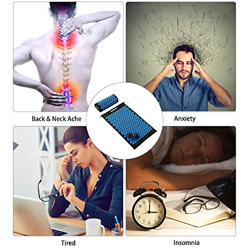 Azeekoom Estera de Masaje, Estera de Acupresión + Cojín de Acupuntura + 2 Bolas de Masaje Para Aliviar el Dolor de Espalda/Cuello/Pie y la Relajación Muscular con Una Bolsa de Viaje(Negro azul)