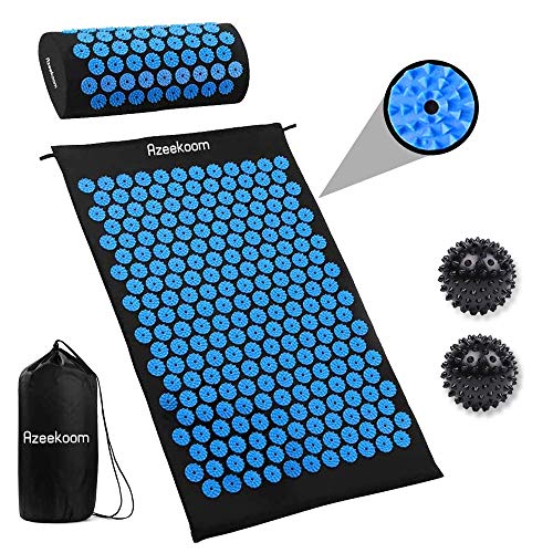 Azeekoom Estera de Masaje, Estera de Acupresión + Cojín de Acupuntura + 2 Bolas de Masaje Para Aliviar el Dolor de Espalda/Cuello/Pie y la Relajación Muscular con Una Bolsa de Viaje(Negro azul)