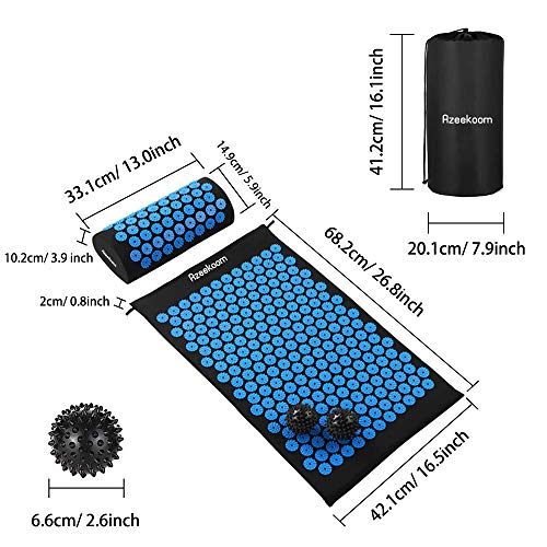 Azeekoom Estera de Masaje, Estera de Acupresión + Cojín de Acupuntura + 2 Bolas de Masaje Para Aliviar el Dolor de Espalda/Cuello/Pie y la Relajación Muscular con Una Bolsa de Viaje(Negro azul)