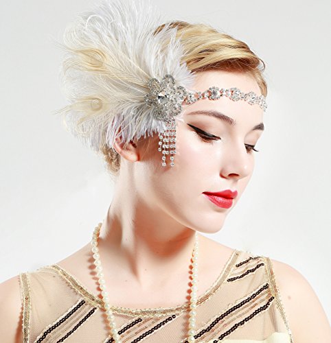 BABEYOND Años 20 Flapper Diadema de Plumas de Pavo Real Diadema Gatsby Vintage Cinta para el Pelo con Cuentas de Cristal Accesorios Vintage Disfraz Gran Gatsby Fiesta Temática Prom
