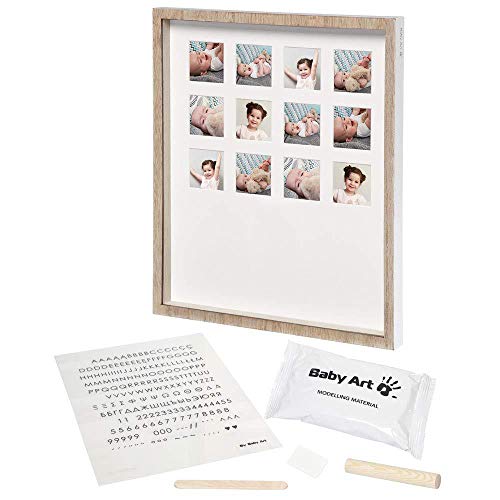 Baby Art My Very First Year Recuerdo Para El Primer Año de su bebé, Marco de 12 fotos y Huella de bebé en arcilla, color Madera Natural