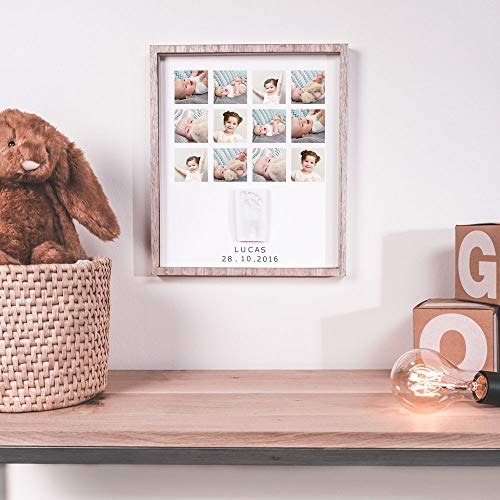 Baby Art My Very First Year Recuerdo Para El Primer Año de su bebé, Marco de 12 fotos y Huella de bebé en arcilla, color Madera Natural