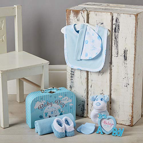 Baby Box Shop Cesta para Bebé para Regalo Baby Shower Niño con Accesorios para Recién Nacido - Incluye Sonajero - Marco de Foto - Muselina Bebé - Babero de Bebé - Calcetines - Manoplas y Gorrito bebé