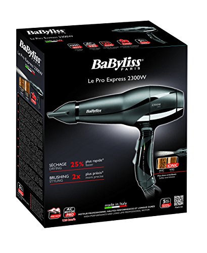 BaByliss 6614E - Secador de pelo iónico ultra rápido, motor profesional AC, 2300 W, 6 velocidades / temperaturas, aire frío, 2 concentradores, color negro