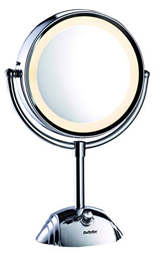 BaByliss 8438E Espejo de maquillaje de doble cara con X1 y X8 aumentos, cuenta con 3 ajustes de luz, 2 bombillas, espejo cromado