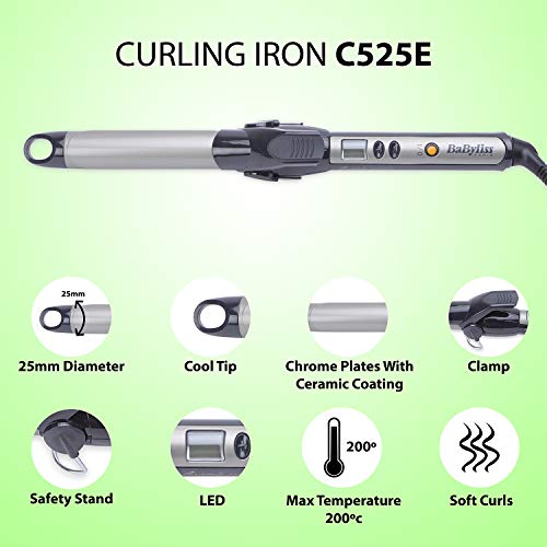 BaByliss I Pro Curler C525E - Rizador de pelo cerámico, 25 mm, pantalla LCD, punta fría, cable giratorio, color negro