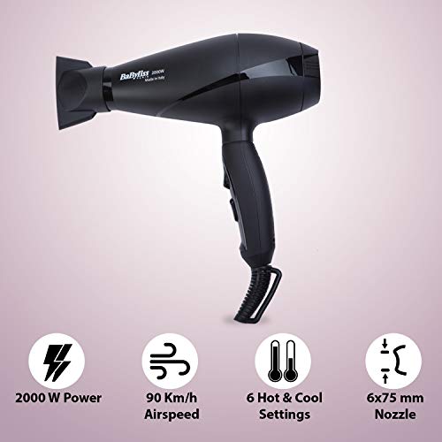 BaByliss Le Pro Light 6604E - Secador de pelo 2000 W, motor profesional AC, 2 velocidades, 3 temperaturas, más ligero, concentrador de 6 mm