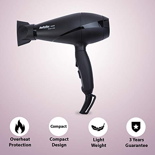 BaByliss Le Pro Light 6604E - Secador de pelo 2000 W, motor profesional AC, 2 velocidades, 3 temperaturas, más ligero, concentrador de 6 mm