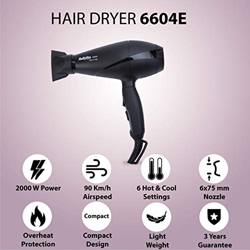 BaByliss Le Pro Light 6604E - Secador de pelo 2000 W, motor profesional AC, 2 velocidades, 3 temperaturas, más ligero, concentrador de 6 mm