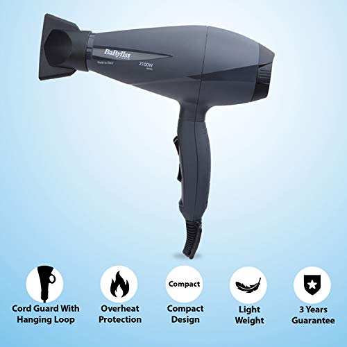 BaByliss Le Pro Light 6609E - Secador de pelo iónico más ligero, con motor AC, 2100 W, 6 velocidades/temperaturas, posición de aire frío, color negro