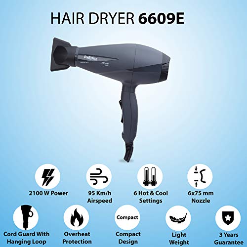 BaByliss Le Pro Light 6609E - Secador de pelo iónico más ligero, con motor AC, 2100 W, 6 velocidades/temperaturas, posición de aire frío, color negro