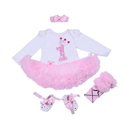BabyPreg Bebé niñas Patrón de la Corona 1er cumpleaños Vestido Tutu Diadema Zapatos 4 Piezas (12-18 Meses, Rosa)