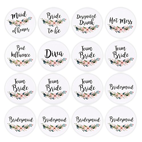 Bachelorette botones – unidades Equipo de "novia" Bridesmaid pins, novia fiesta botón de solapa pines, fiesta de compromiso suministros, color blanco, 8 único descripciones