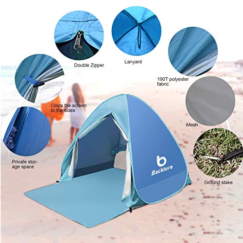 BACKTURE Tienda de Playa, Anti-UV Protección Solar Pop Up Tienda de Campaña para 2-3 Personas, Tienda Instantánea Resistente al Agua y Duradera con Puerta Cremallera para Parque Acampar Al Aire Libre